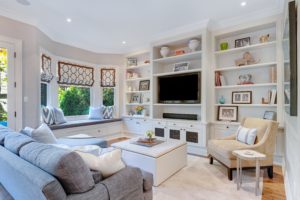 family room living room with built-in bookcases