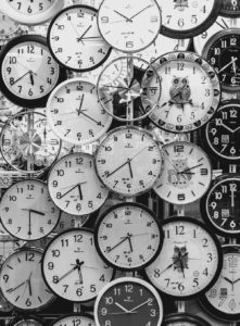 image of lots of clocks symbolizing timing